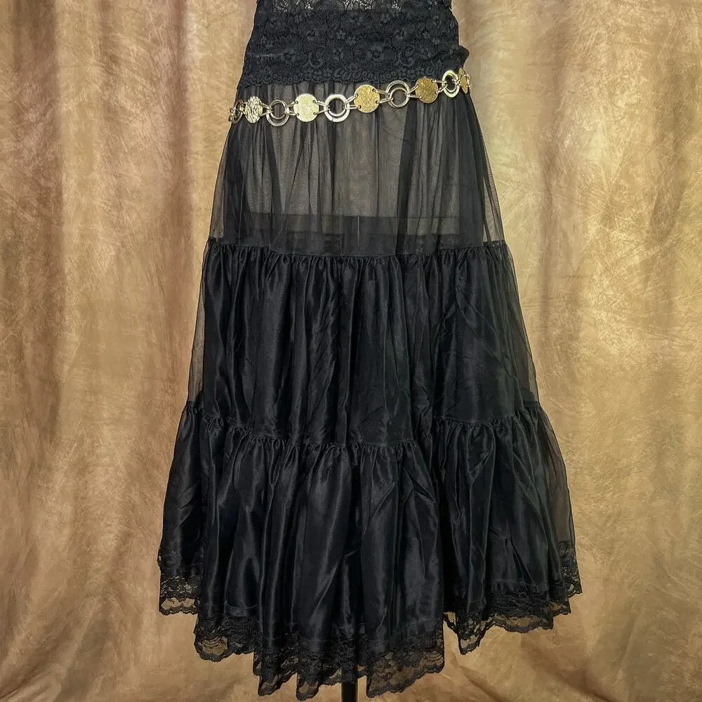 Vintage 60s Tiered Skirt Malco Modes Black Floral Lace Whimsigoth Steampunk Vtg